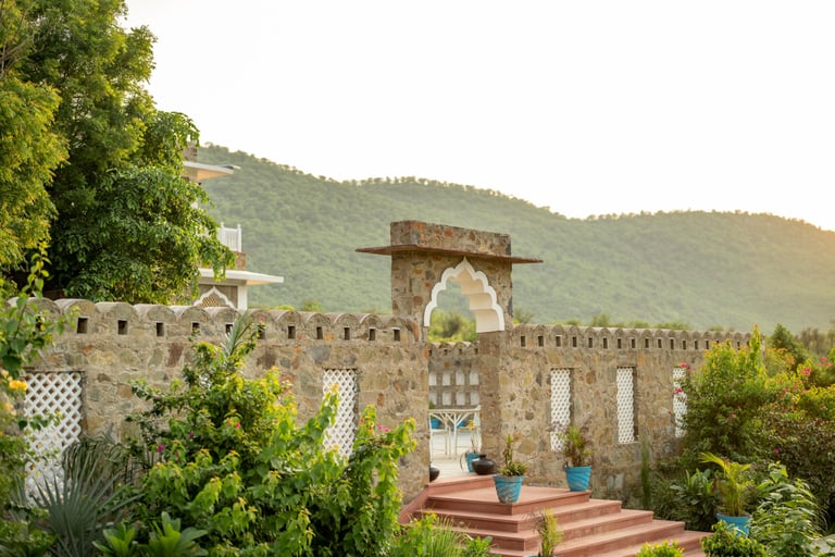 Traditional stone architecture and mountain vista