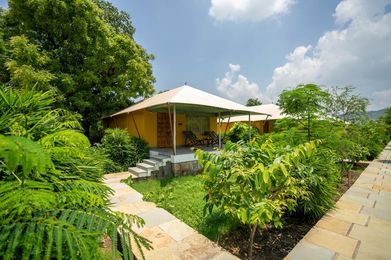 Tented cabins set in the resort garden